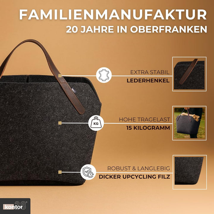 kontor28® - Kaminholzkorb aus Premium Filz 100% MADE IN GERMANY | Brennholzkorb Füllvolumen 65 L mit