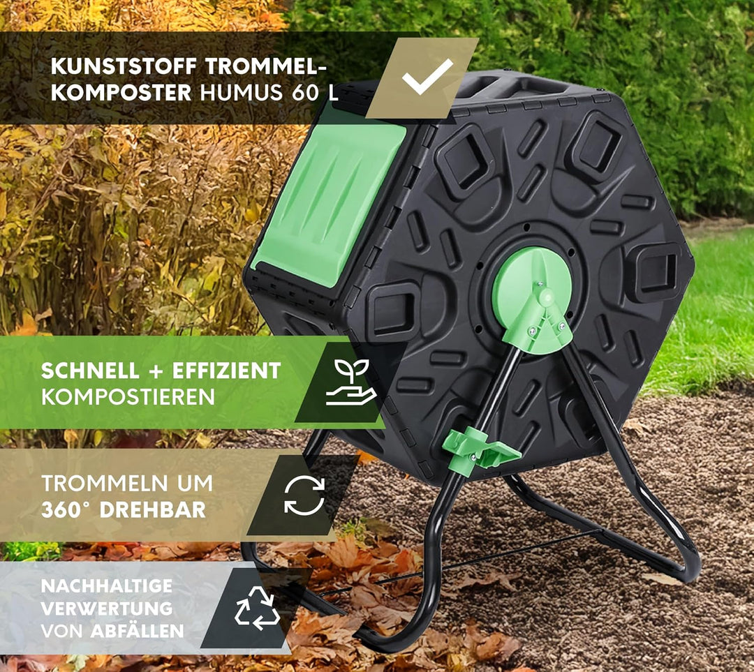WESTMANN Kunststoff Trommelkomposter Humus | 60 L rotierender Komposter | Mobiler Kompostierer für G