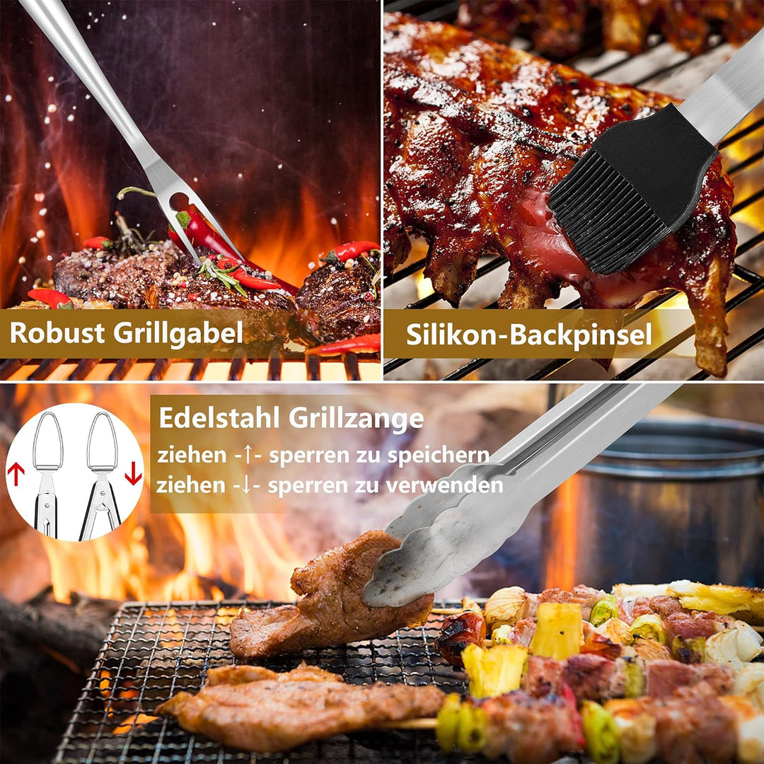 Herogo Grillbesteck Set, 6-teilig Edelstahl Grill Zubehör mit Tragetasche, Grillwerkzeug-Set mit Zan