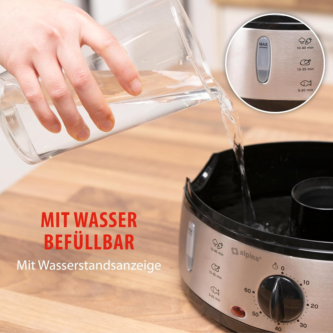 alpina Dampfgarer - 230V/800W - 3-Schicht-Dampfmaschine- BPA-frei - Spülmaschinenfest - 0 bis 60 Min