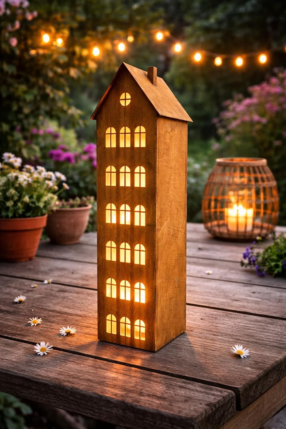 Bornhöft Metall Haus Edelrost Gartendekoration, 75cm Höhe, 20cm Breit, XXL Deko Skulptur mit Fenster