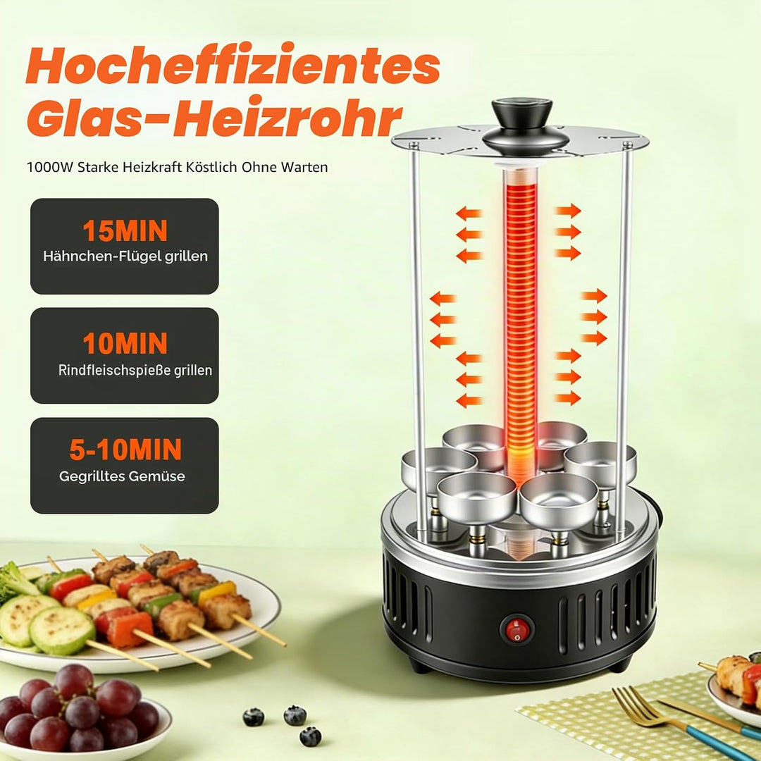 Elektrischer BBQ Tischgrill Vertikalgrill aus Edelstahl, Schaschlikgrill mit 12 Spiessen und 2 Glasr