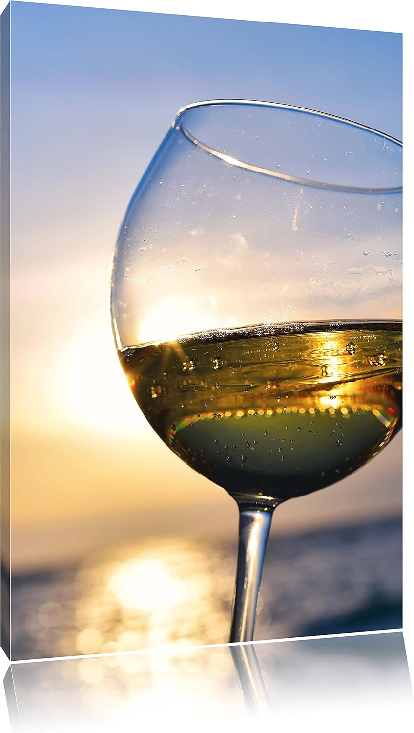 Pixxprint Weingläser im Sonnenuntergang am Meer, Format: 100x70 auf Leinwand, 100x70