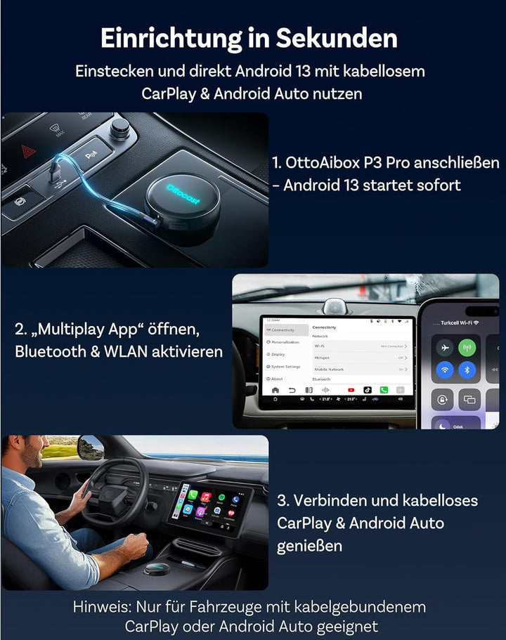 Ottocast P3 Pro, Wireless CarPlay & Android Auto Adapter mit Android 13, Snapdragon SM6225, 8GB RAM+
