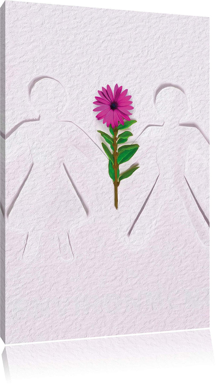 Pixxprint Strichmännchen mit Blume schwarz/weiss, Format: 80x120 auf hochkantiges Leinwand, XXL ries
