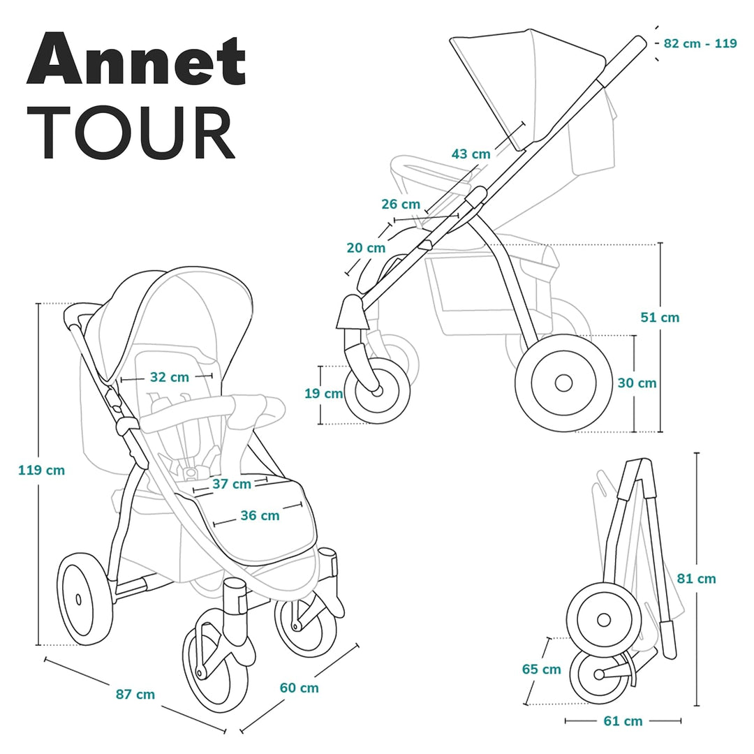 LIONELO Annet Tour Kinderwagen bis 22 kg, verstellbarer Griff, zusammenklappbar, verstellbare Rücken