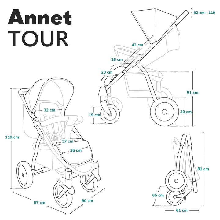 LIONELO Annet Tour Kinderwagen bis 22 kg, verstellbarer Griff, zusammenklappbar, verstellbare Rücken