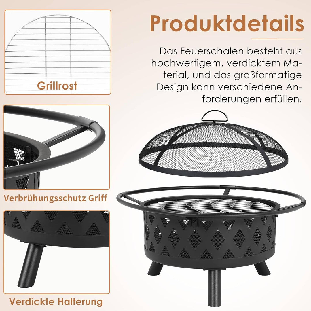Feuerschale, Ø 76cm Feuerkorb mit Funkenschutz und Schürhaken, Feuerschalen für den Garten Gross, Fe