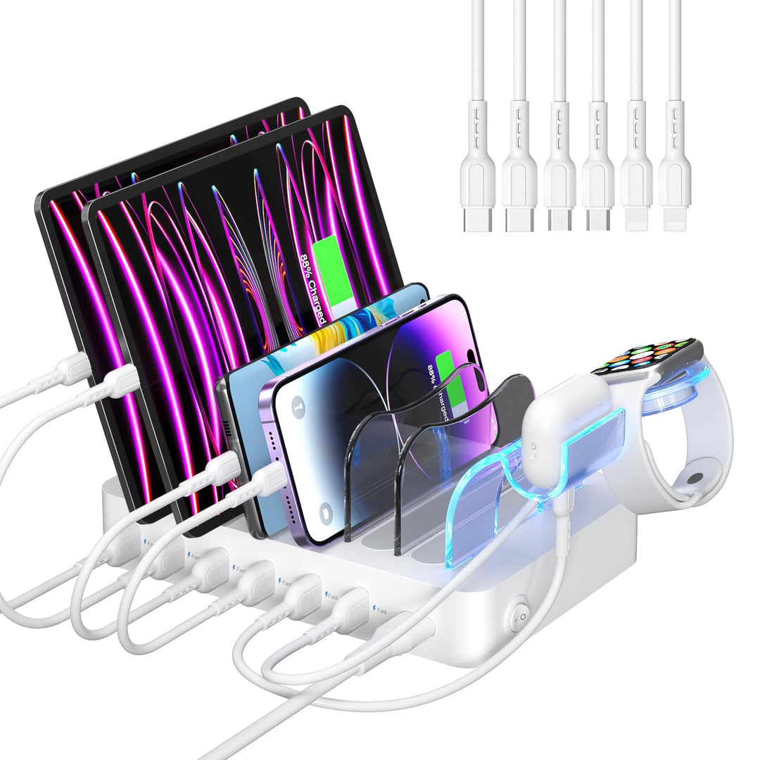SooPii USB-Ladestation Organizer für mehrere Geräte, 6 Ports 50W Ladestation mit 6 Kabeln und aktual