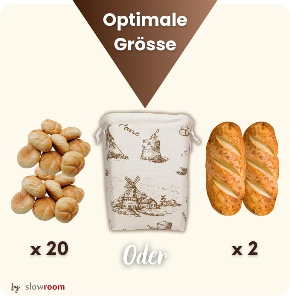 slowroom Brotbeutel zur Brotaufbewahrung und Frischhalten 3 in 1 - Brotkorb Stoff - Brottasche aus B