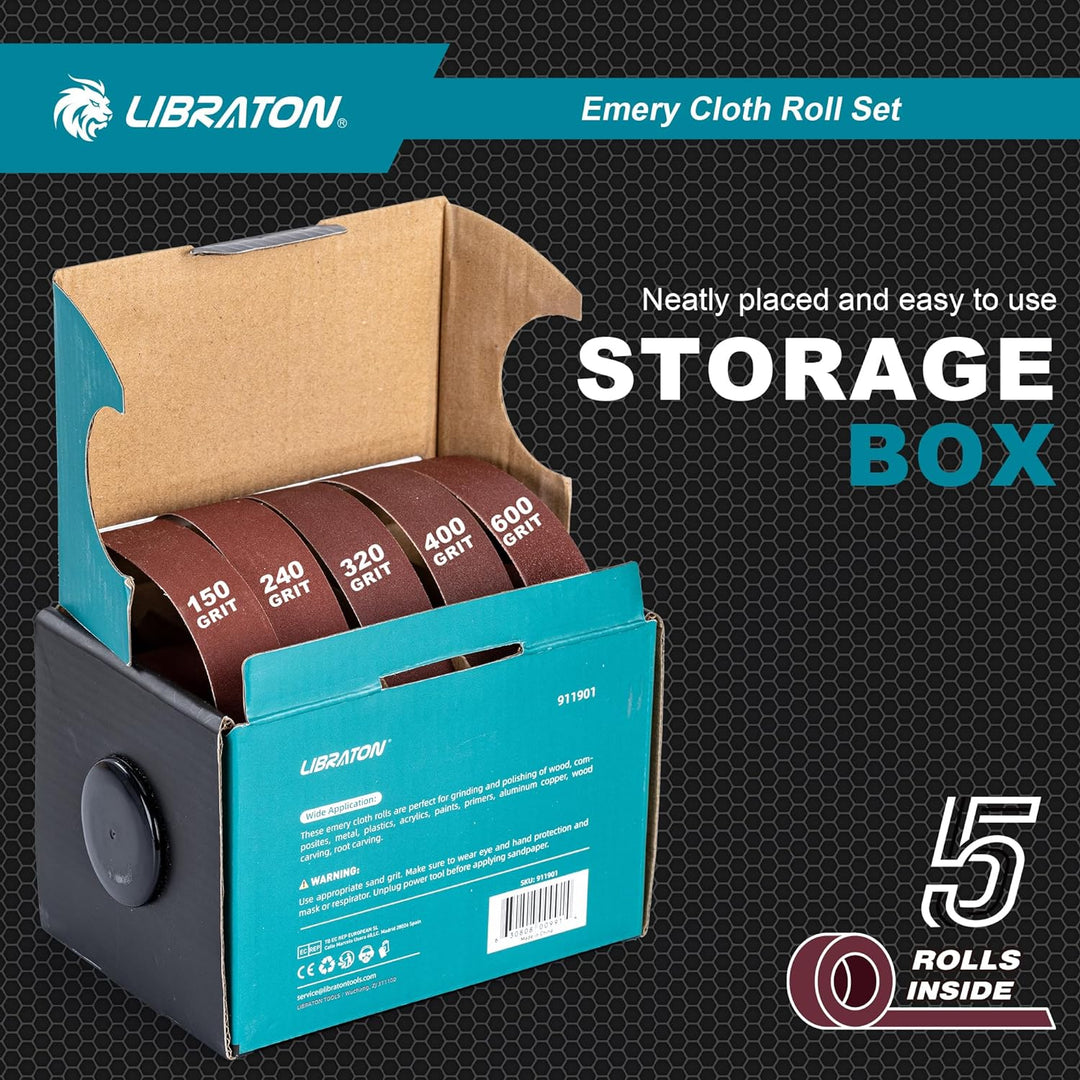 Libraton Schleifpapier Rollen, Schmirgeltuchrolle, 5 Rollen Schleifpapier mit Box, Körnung 150, 240,