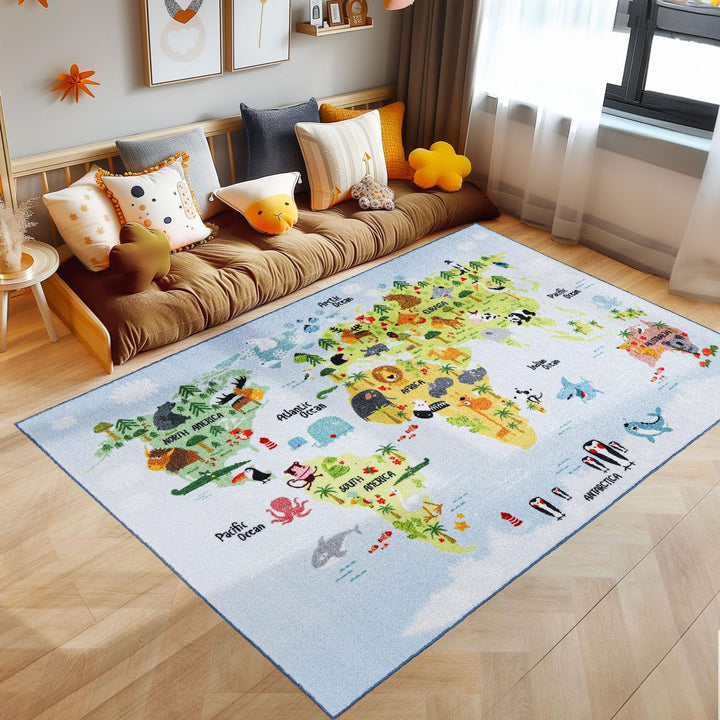 SIMPEX Kinderteppich Blau 120x170 cm Weltkarte mit Tieren Design Modern rutschfest Waschbar Pflegele