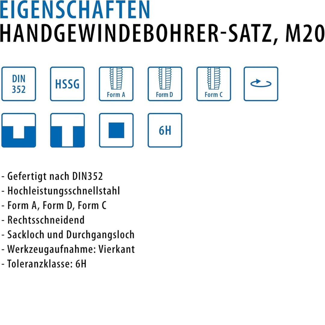PROFI Gewindebohrer M20 Satz HSSG 3 teilig, Gewindeschneider | Vor-, Mittel- und Fertigschneider | H