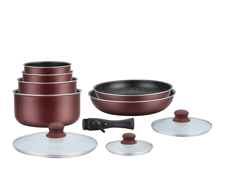 HAGEN, Stone coated cookware, Removable handle, 10 pieces, Bordeaux, Non-stick coating, All burners,