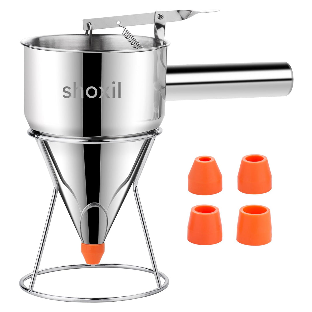 Shoxil Pfannkuchenteigspender, 600 ml, mehrkalibriger Edelstahl-Trichter-Kuchenspender mit Ständer,