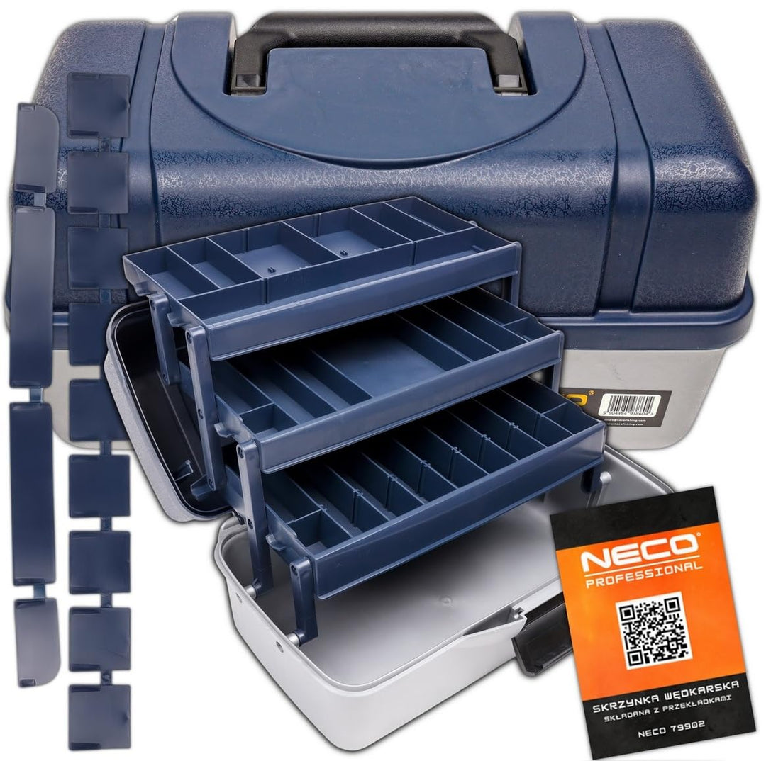 NECO Angelbox Blau mit 3 Schubladen – Grosse Tackle Box 40x22x21 cm | Angelkoffer mit Fächern für Kö
