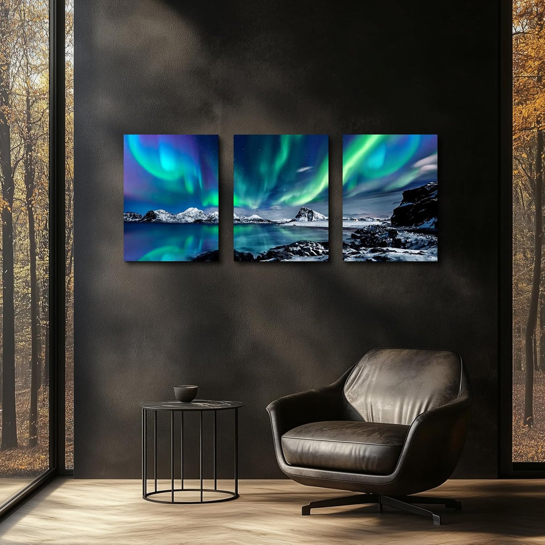 hyidecorart Bilder Nordlichter, Grün Polarlicht Sternenhimmel Bild auf Leinwand, Modern Natur Aurora