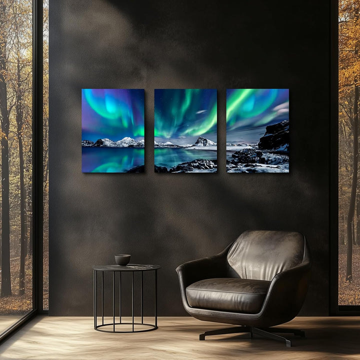 hyidecorart Bilder Nordlichter, Grün Polarlicht Sternenhimmel Bild auf Leinwand, Modern Natur Aurora