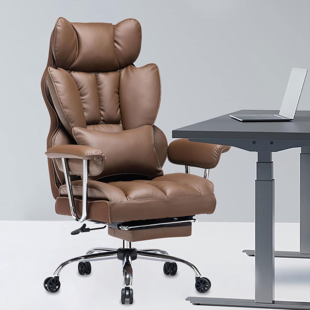 Efomao bürostuhl ergonomisch, PU Leder Chefsessel, bürostuhl 150 kg mit Fussstütze und Lendenwirbels
