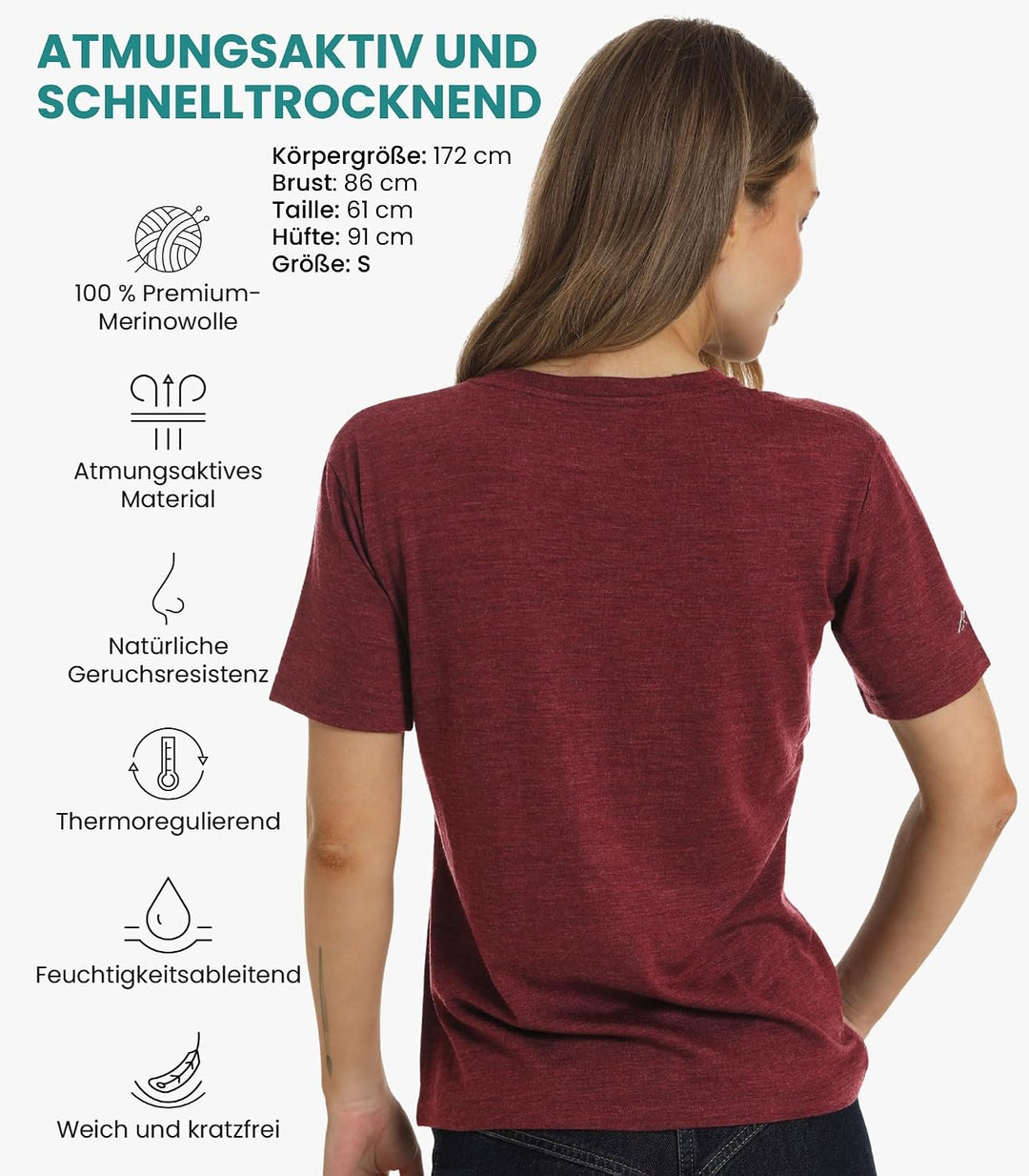 Merino.tech 100% Merino T Shirt Damen - Merinowolle Sport Wandern Thermoshirt Damen + Wandersocken B