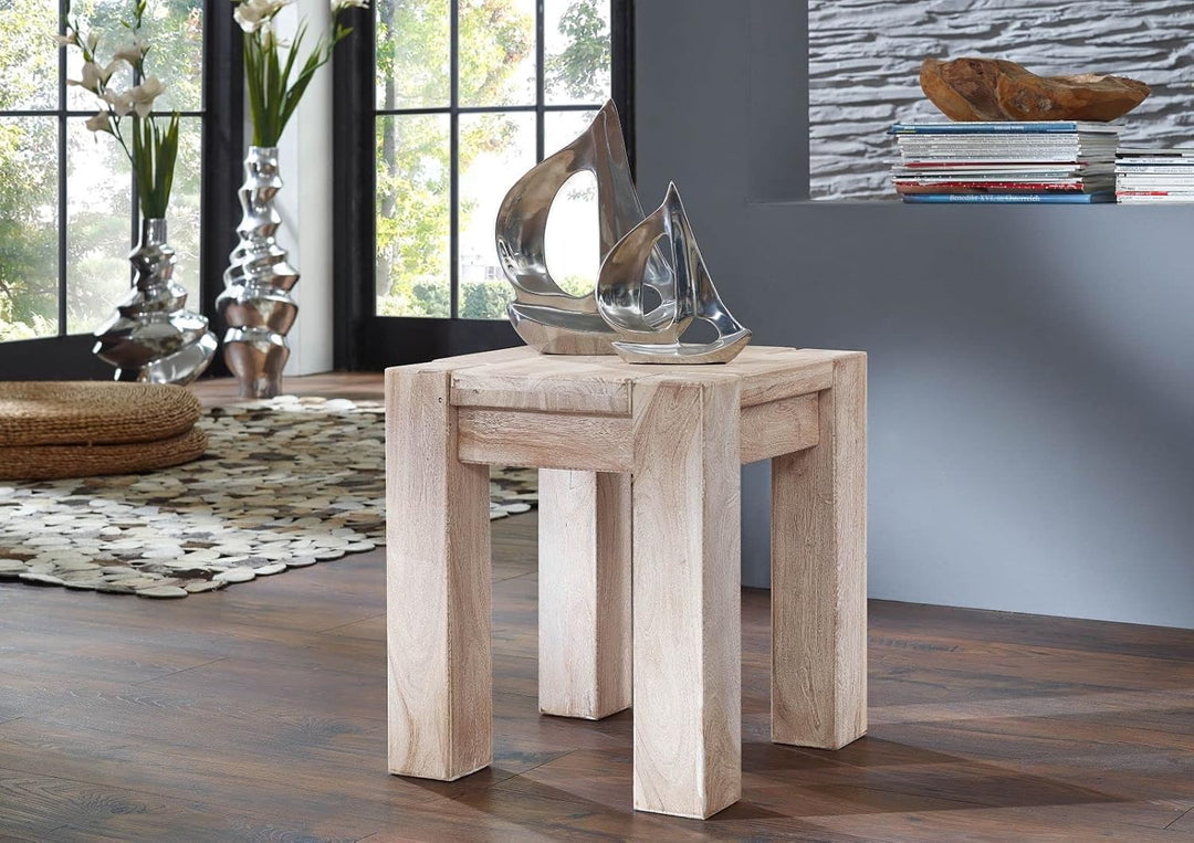 MASSIVMOEBEL24.DE Hocker Akazie beige getüncht Nature White 