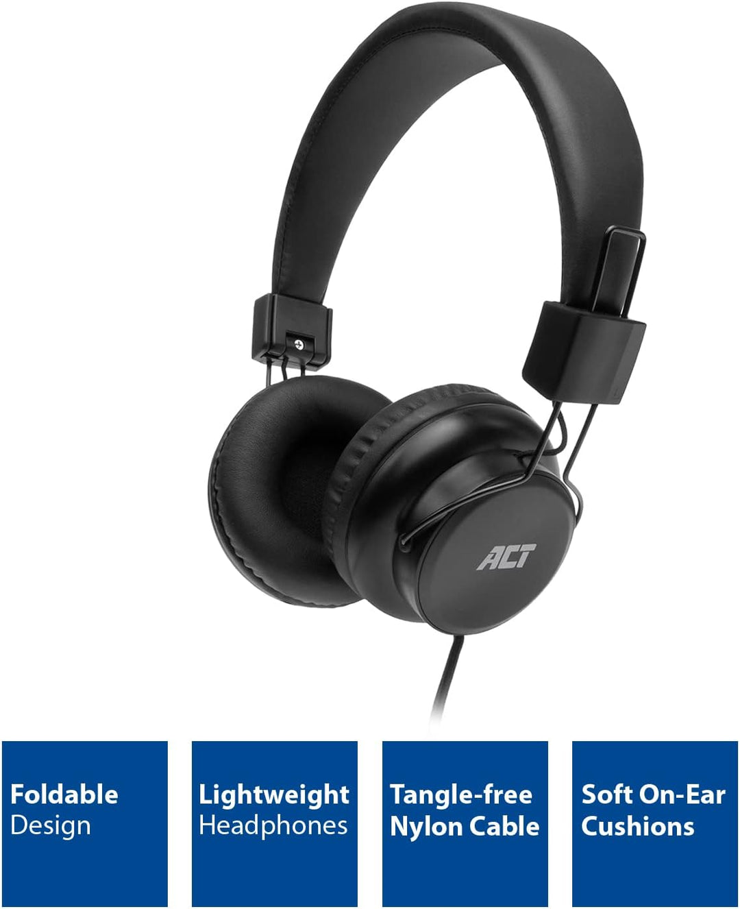 ACT Faltbarer Kopfhörer mit Kabel, On Ear Bugelkopfhörer, 3.5mm Klinkenstecker, Nylon Kabellänge 1.5