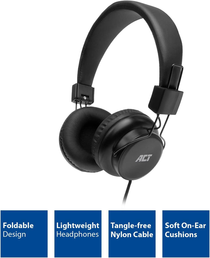 ACT Faltbarer Kopfhörer mit Kabel, On Ear Bugelkopfhörer, 3.5mm Klinkenstecker, Nylon Kabellänge 1.5