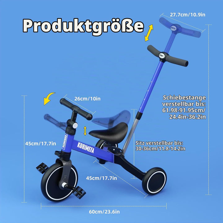 KORIMEFA 4 in 1 Laufräder Laufrad Kinderdreirad Dreirad Lauffahrrad Lauflernhilfe mit Schubstange fü