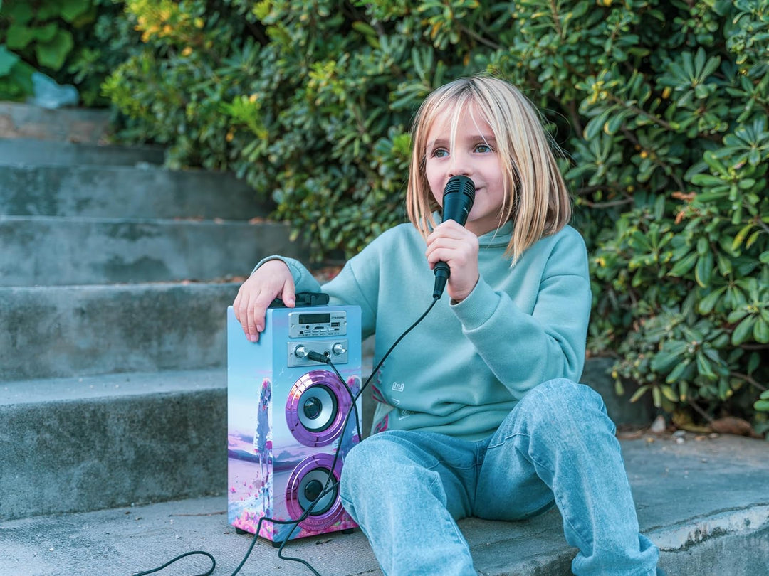 DYNASONIC Karaoke mit 2 Mikrofonen, tragbarer Karaoke-Maschine, Bluetooth-Lautsprecher, USB- und SD-