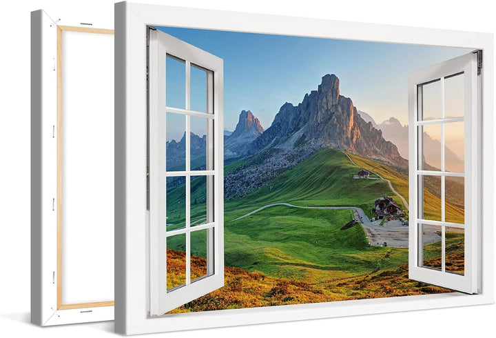 PICANOVA – Bild auf Leinwand Felsiger Berg Fenster 120x80cm Leinwandbild – Premium Leinwanddruck – W
