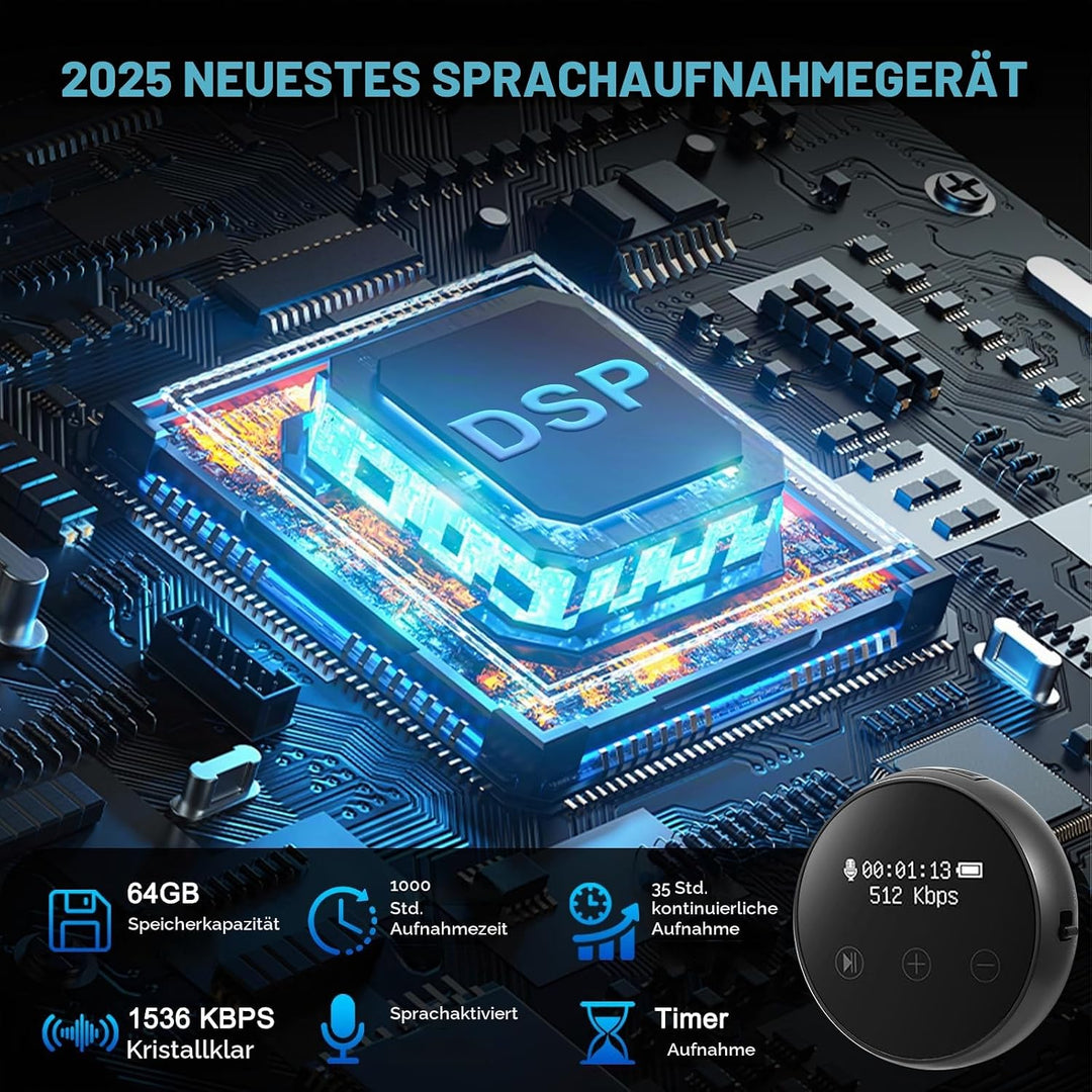 Digitales Diktiergerät, 64 GB, 3072 Kbps, Sprachaktivierung, Geräuschreduzierung, USB-Aufladbar, Mag