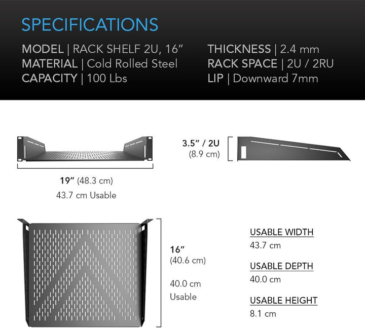AC Infinity Universalregal mit Belüftungsöffnung, 2U, für 48,3 cm grosse Geräteregale, robuster 2,4