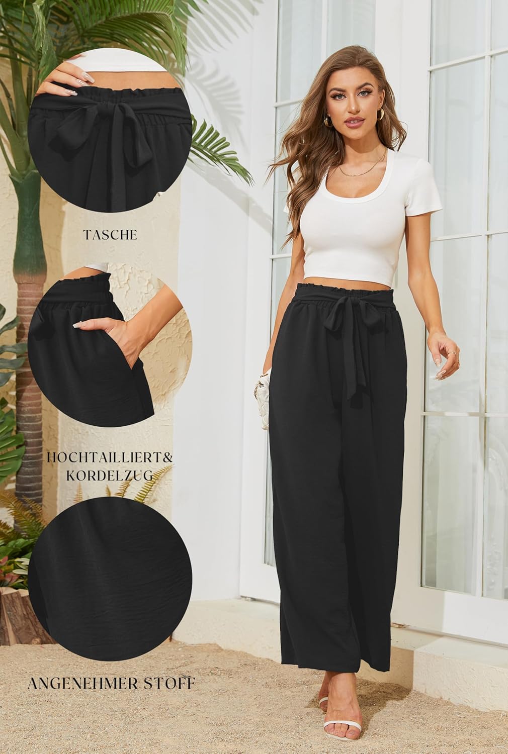 Damen Hose mit weitem Bein Leicht und Elegant Elastischer Bund Sommerhose mit Taschen für Legere Arb