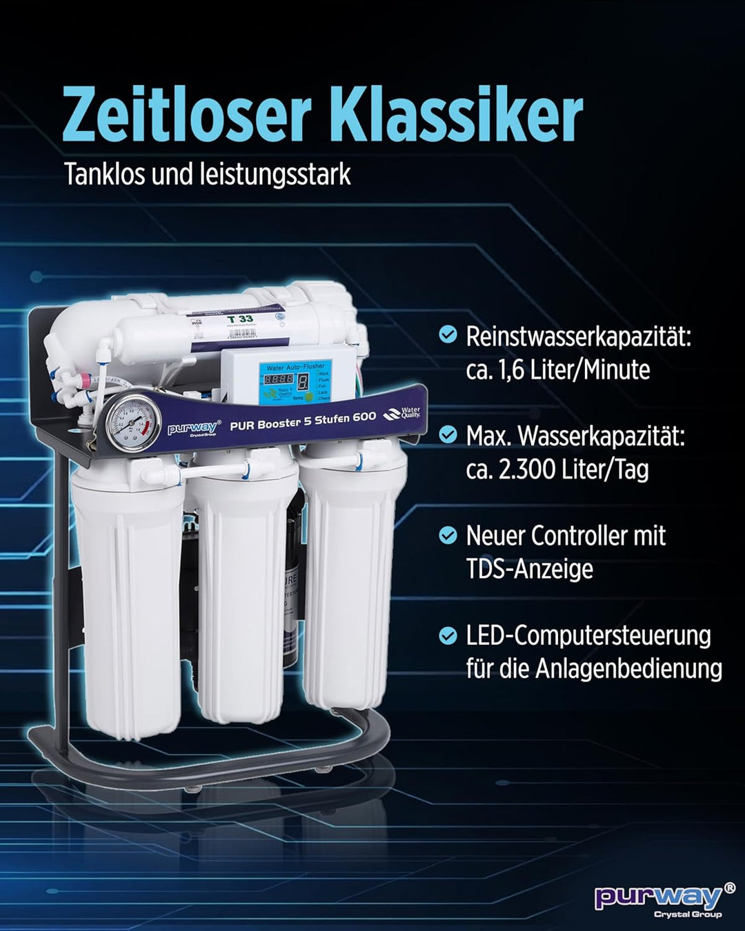 PUR Booster 5 Stufen 600 GPD tanklose Umkehrosmoseanlage