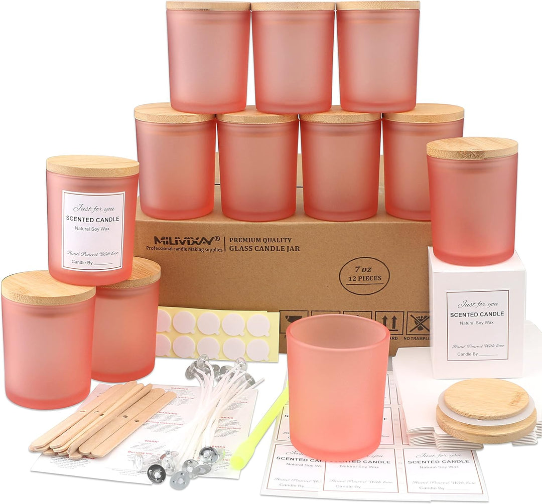 MILIVIXAY Mattierte rosa Kerzengläser aus Glas mit Deckeln und Kerzenherstellungs-Sets, leere Kerzen