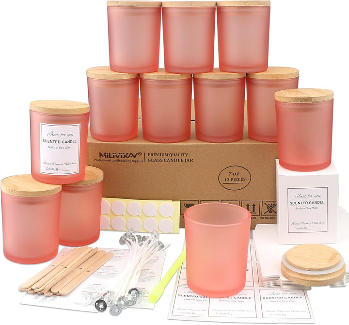 MILIVIXAY Mattierte rosa Kerzengläser aus Glas mit Deckeln und Kerzenherstellungs-Sets, leere Kerzen