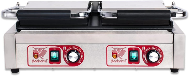 Beeketal 'BKG9' Gastro Doppelt Kontaktgrill mit Gusseisen Grillpatten (oben und unten glatt) mit Fet
