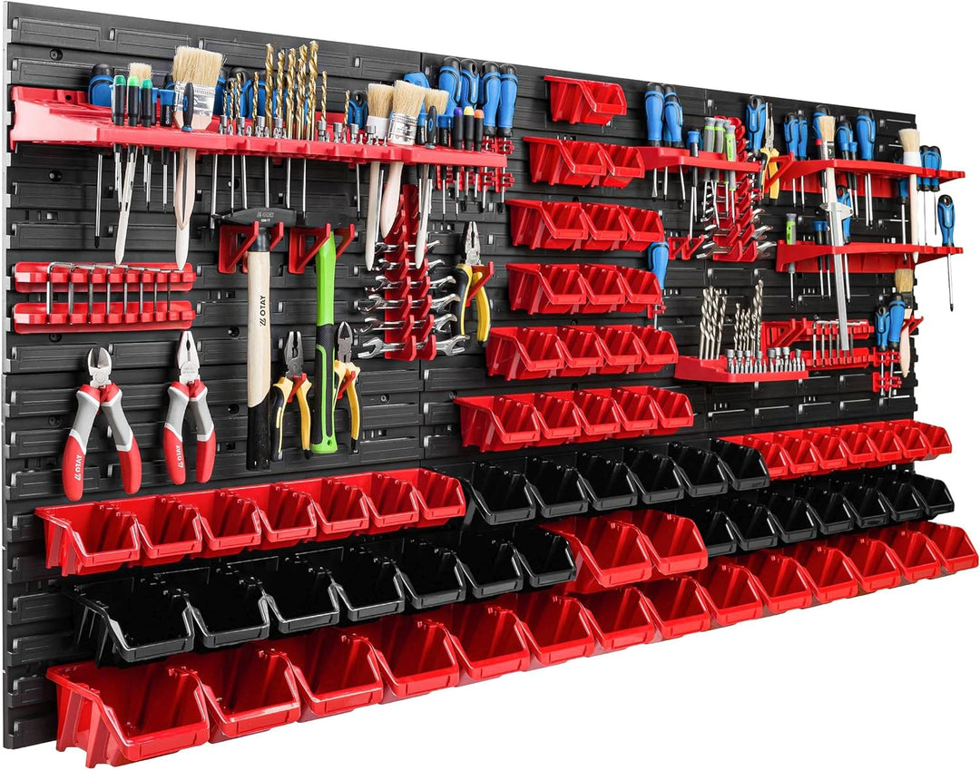Lagersystem Werkstattregal | 172 x 78 cm | 68 stck. Box | Wandregal mit Werkzeughalterungen und Stap