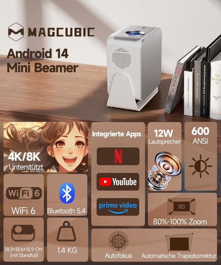 Magcubic Mini Beamer 4K & 8K 1080P Unterstützt, Projektor Tragbarer mit Android 14 WiFi 6 Bluetooth