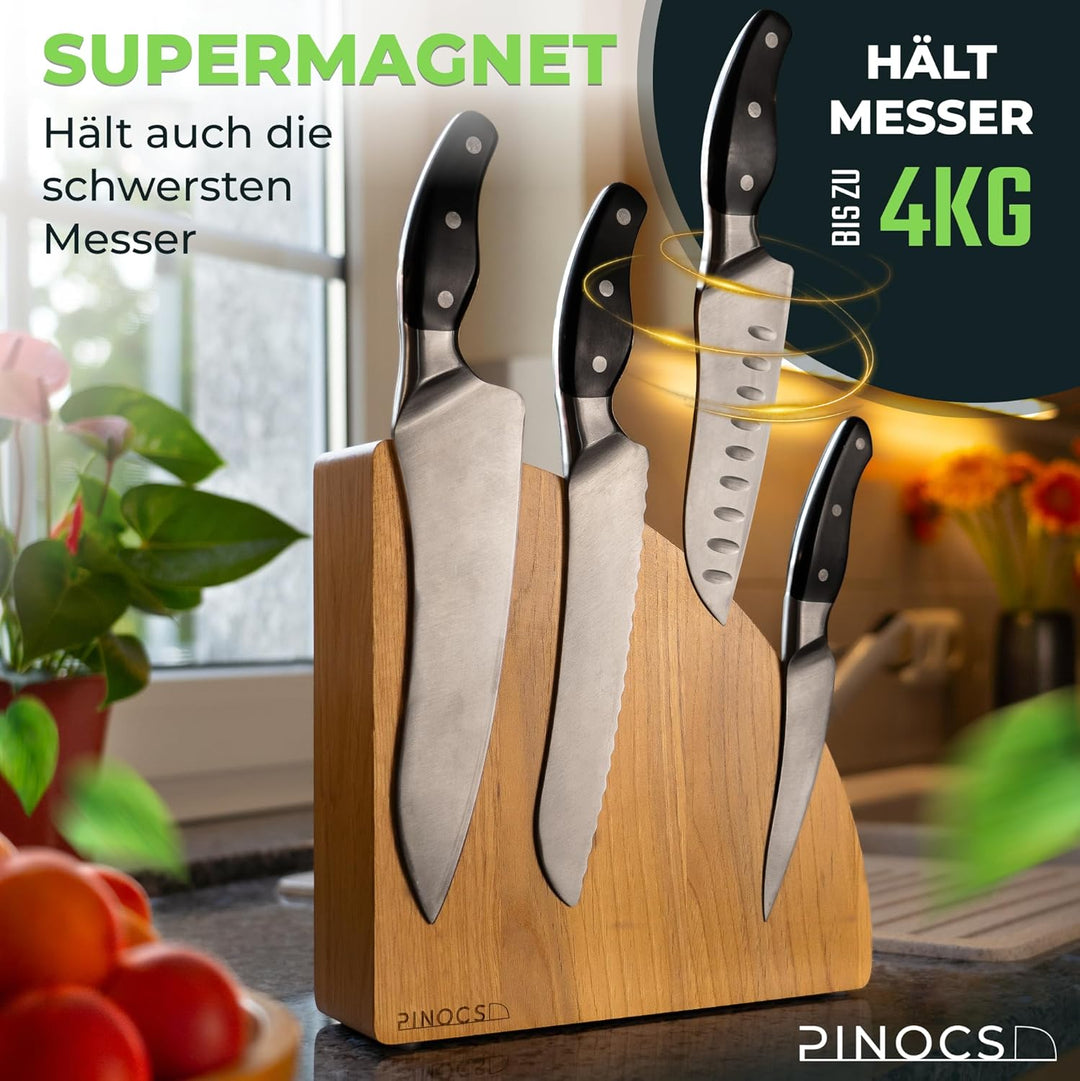 Pinocs Messerblock Magnetisch, aus natürlichem Eichenholz, Doppelseitiger Messerhalter, Extra Starke