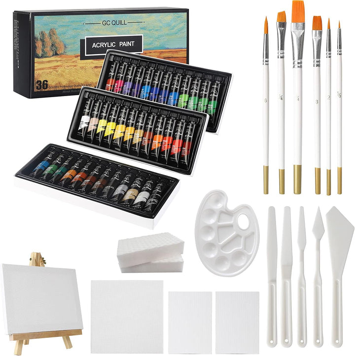 GC QUILL 36 Farben Acrylfarben Set 12 ml x 36 Tuben mit Pinseln, Palettenmessern, Leinwand, Staffele