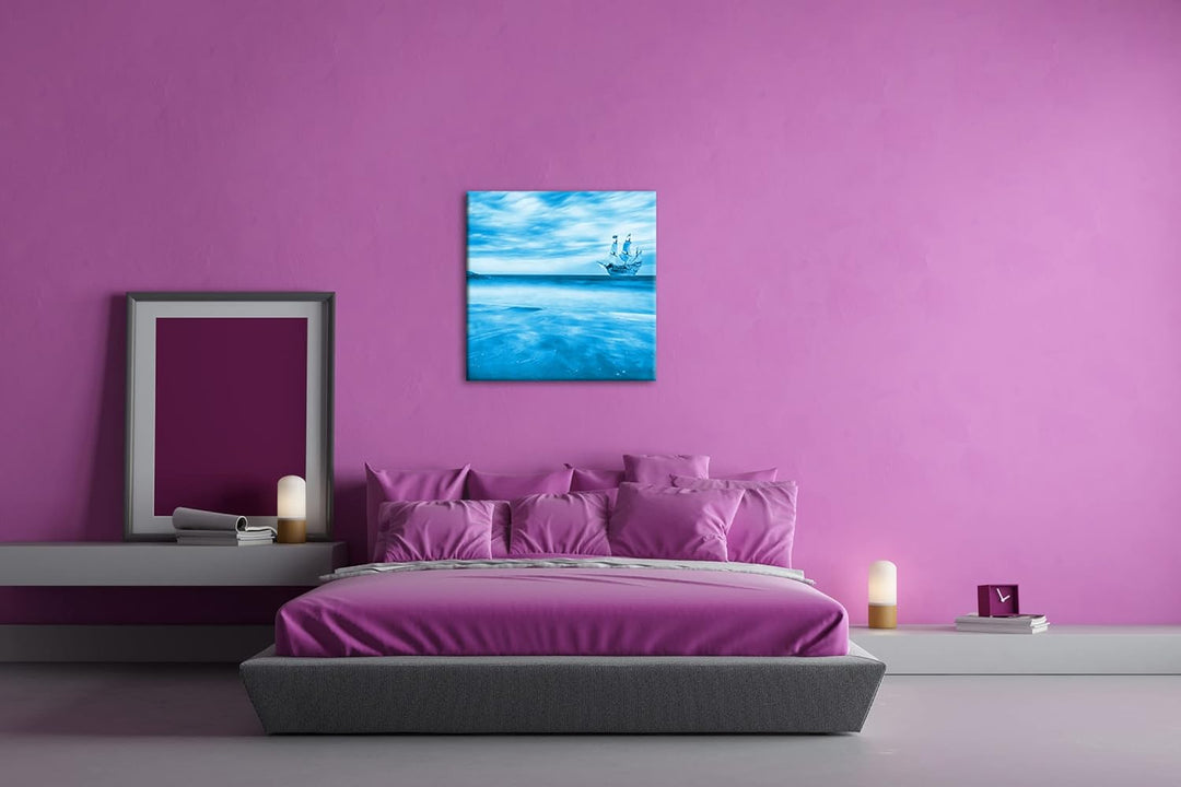 Segelschiff im blauen Meer an der Küste Format: 70x70 Effekt: Monocrome Blau als Leinwandbild, Motiv