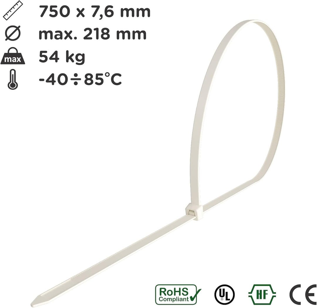 intervisio Kabelbinder extra Lang 750mm x 7,6mm, Profi hochwertige Industrie-Qualität, weiss - natur