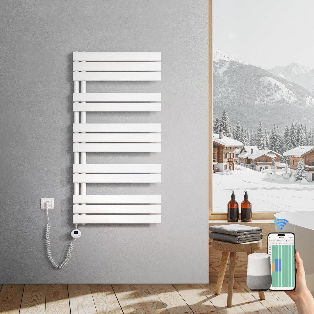 Heilmetz Badheizkörper Elektrisch 1176 x 600mm Weiss mit WIFI Smart Heizstab 600W, Flach Handtuchwär