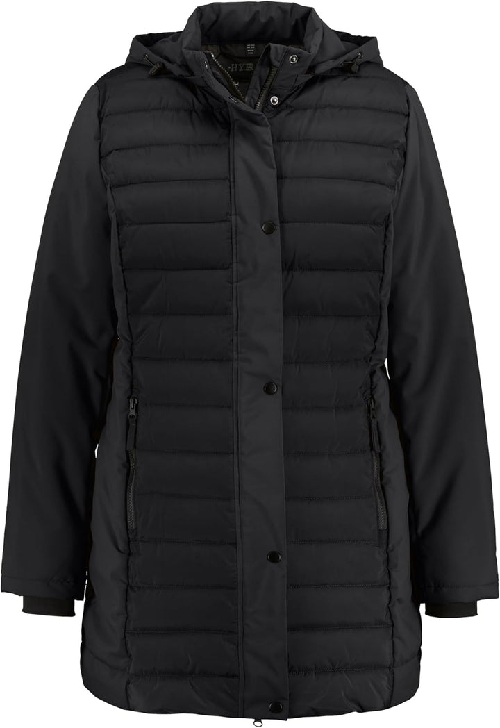 Ulla Popken Damen Hybrid, Wasserabweisend, Stepp/Softshell, Kapuze Jacke, Schwarz