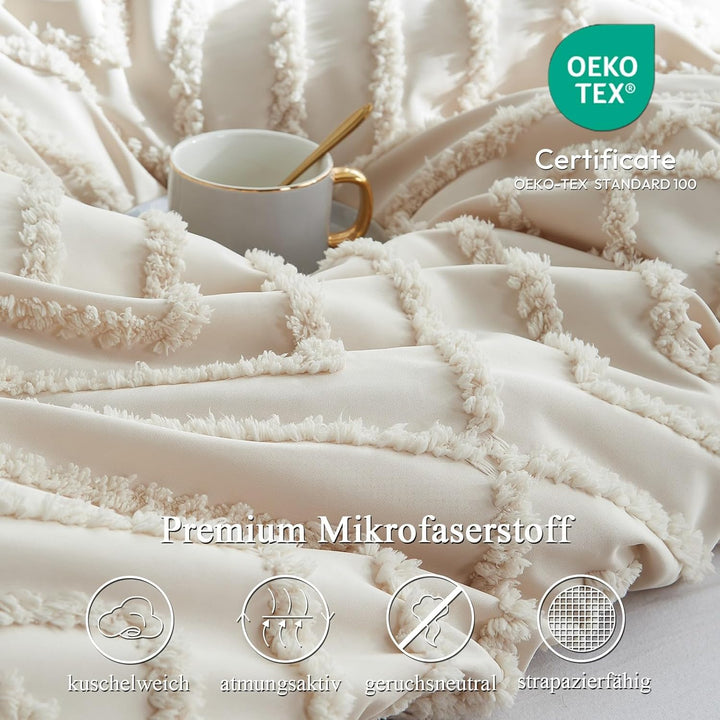Freyamy Böhmen Bettwäsche 200x200cm 3teilig Beige Getuftet Kariert Boho Bettwäsche Stickerei Shabby