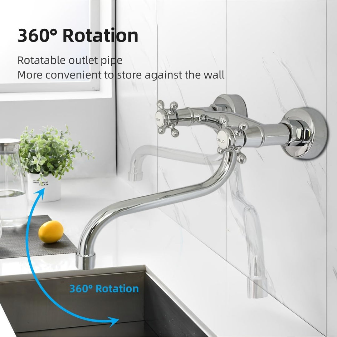 Mischbatterie Küche Wandmontage Chrom, 360°Drehbar Doppelgriff Wasserhahn Küche Messing, Wand Spülti