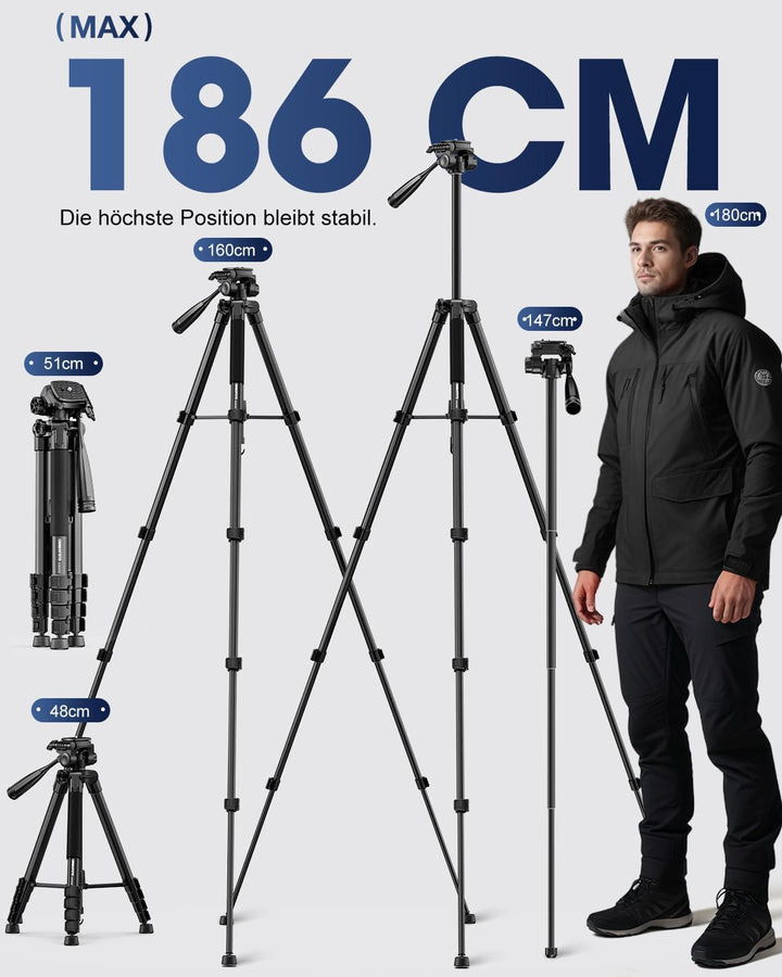 CAMBOFOTO 186cm Kamera Stativ und Einbeinstativ, Professionelles Aluminium Fotostativ für DSLR/Spieg