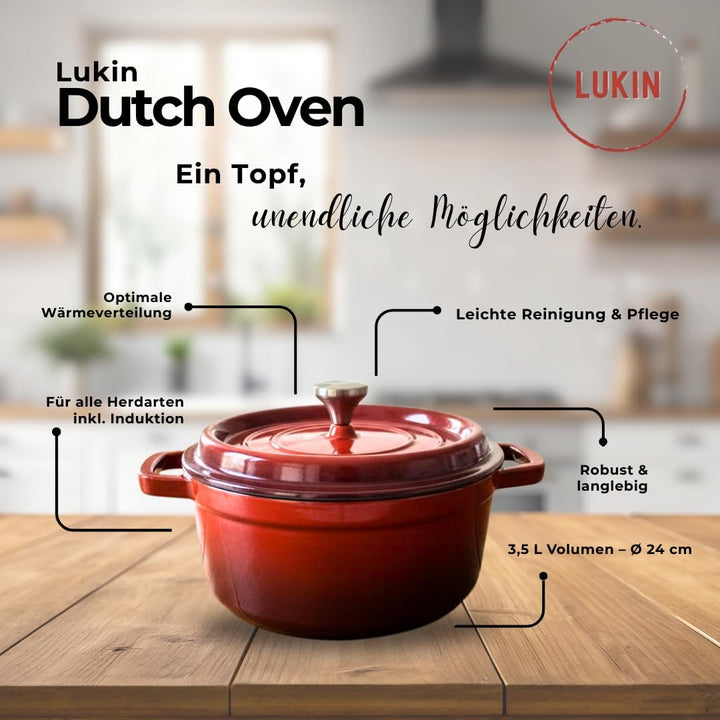 Lukin Schmortopf aus Gusseisen | Emailliert | Kirschrot | 24 cm - 3,5L | Bräter mit Deckel | für all