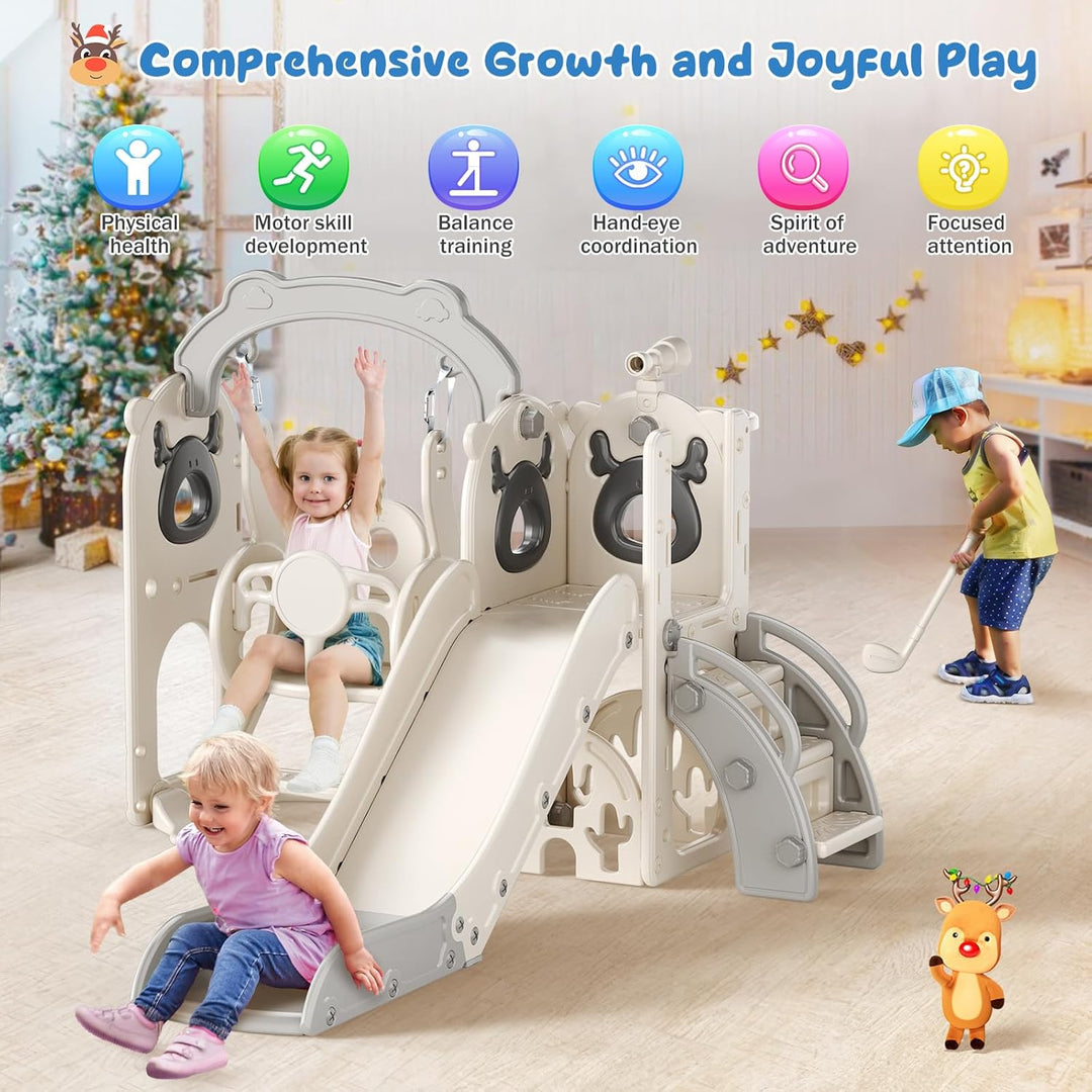 Krovtoy 6-in-1-Kleinkindrutsche, Kleinkindrutsche mit Weihnachtselchmotiv und Schaukelset, Babyrutsc